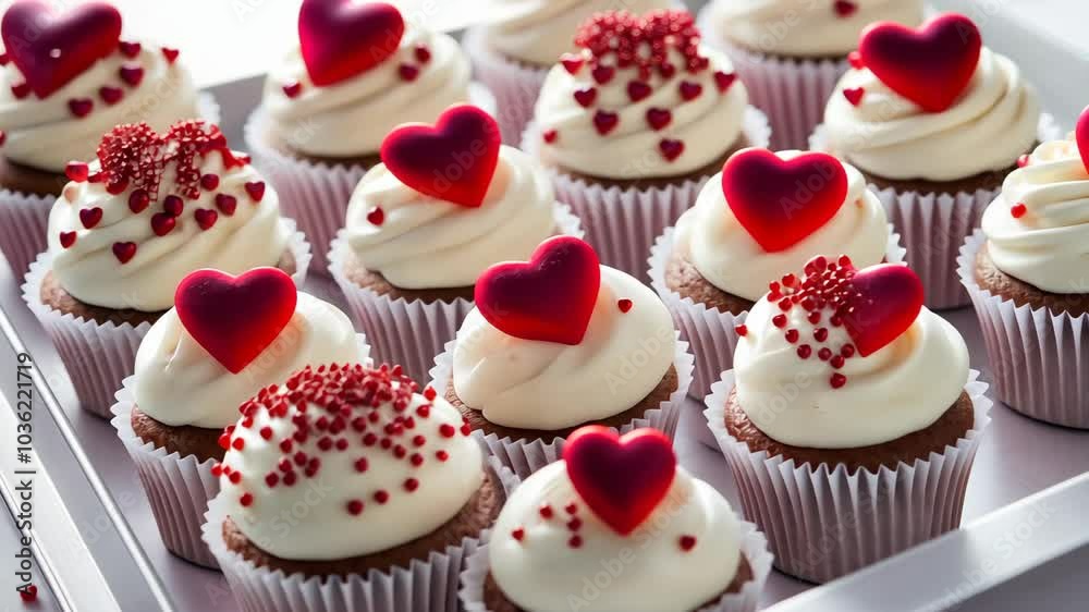 A tray of chocolate cupcakes decorated with white frosting, red heart sprinkles, and red heart candies A tray of chocolate cupcakes decorated with white frosting, red heart sprinkles, and red heart candies