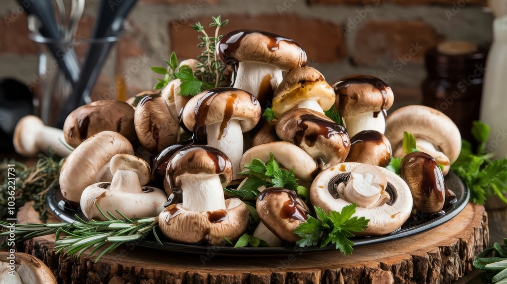 Flavorful mushrooms marinated in balsamic vinegar, olive oil, and herbs on display Flavorful mushrooms marinated in balsamic vinegar, olive oil, and herbs on display