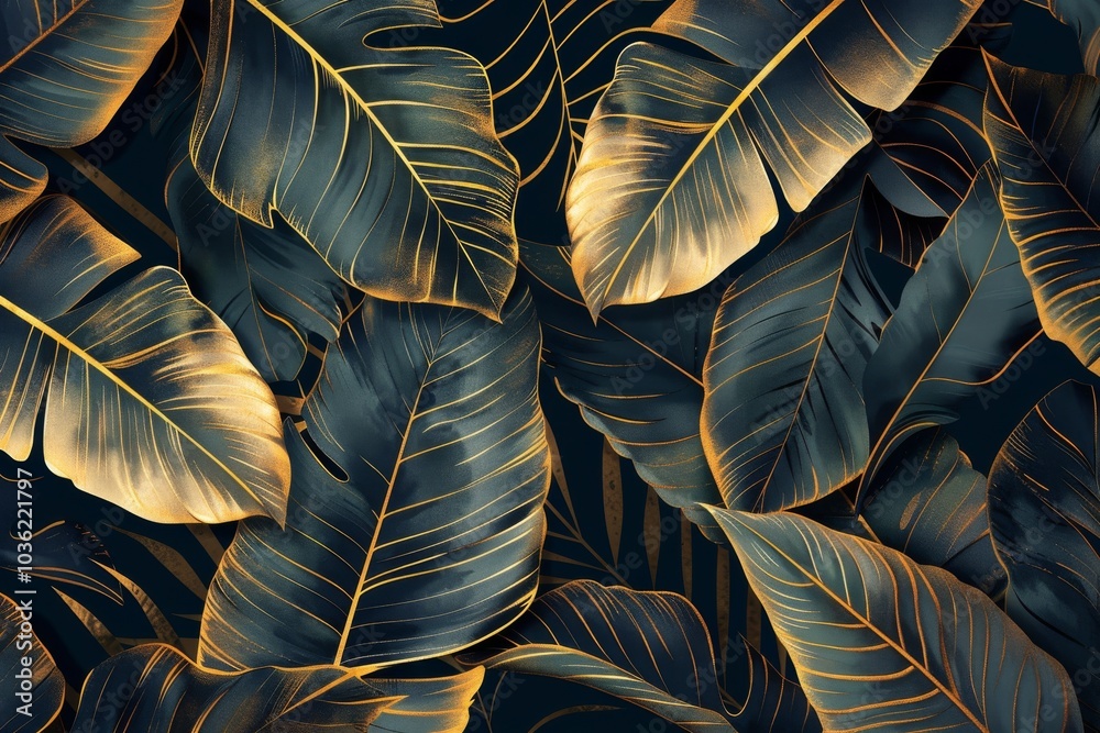 custom made wallpaper toronto digitalElegant tropical leaf wallpaper with intricate golden banana leaf line arts and hand-drawn outlines, perfect for luxurious nature patterns in fabric, print, cover, banner, and invitation