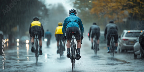 Wallpaper Mural Group of cyclists riding road bikes on wet city street in rain Torontodigital.ca