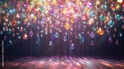 A luxurious backdrop with colorful diamonds and gems above, and straight vertical lines of glowing pearls below for a high-end photoshoot