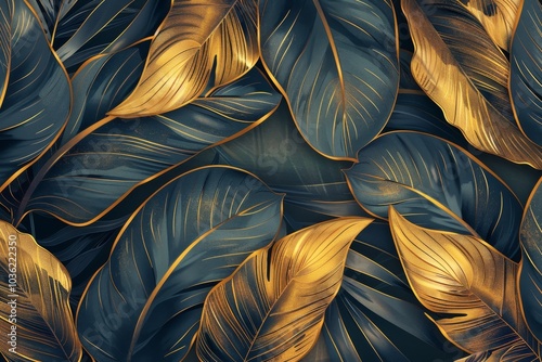 Elegant tropical leaf wallpaper with intricate golden banana leaf line arts and hand-drawn outlines, perfect for luxurious nature patterns in fabric, print, cover, banner, and invitation