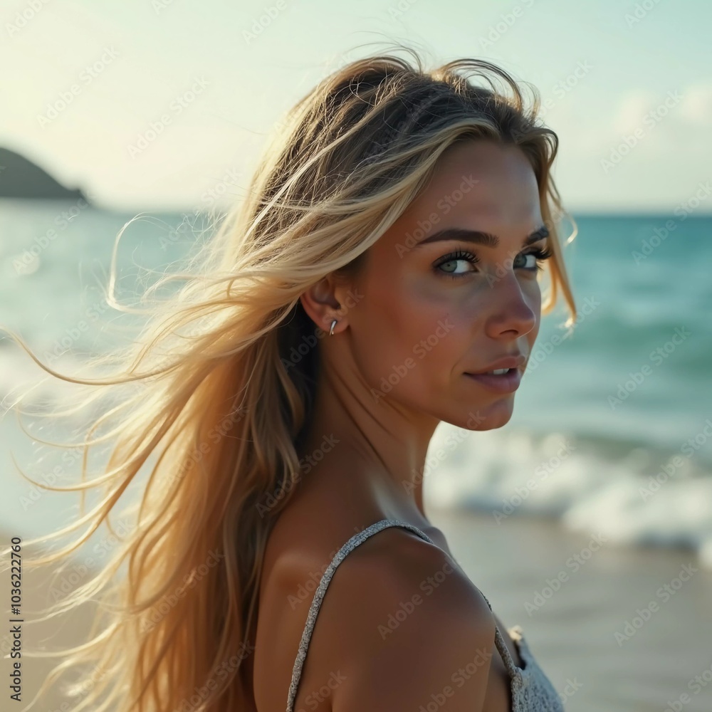 A blond woman in a swimsuit gazes back while standing near the shoreline. Gentle sea waves lap at her feet under a clear blue sky. Long hair, beautiful young face. Travel and clothing adverts. AI A blond woman in a swimsuit gazes back while standing near the shoreline. Gentle sea waves lap at her feet under a clear blue sky. Long hair, beautiful young face. Travel and clothing adverts. AI