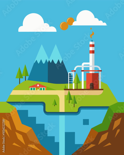 An underground geothermal plant utilizing the Earths natural heat to generate electricity for nearby communities.. Vector illustration