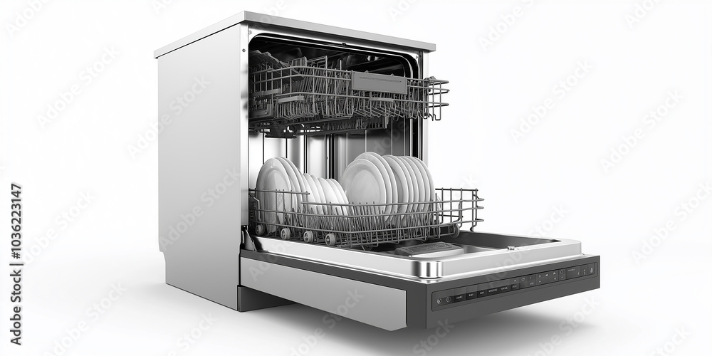 Open dishwasher containing plates is waiting for the wash cycle Open dishwasher containing plates is waiting for the wash cycle