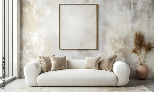 Minimalist, scandinavian interior design of modern living room. Two stylish lounge chairs in corner.