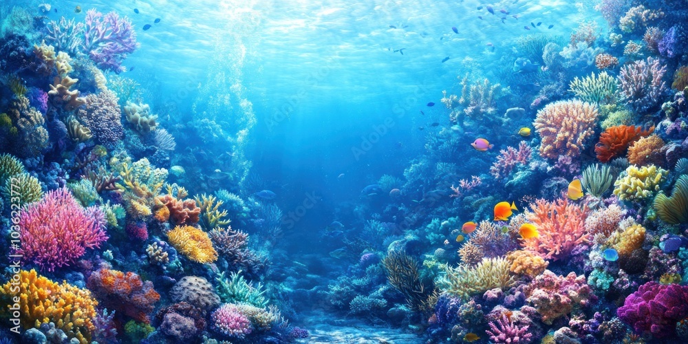 Naklejka premium Vibrant coral reef with colorful fish and sunlight.