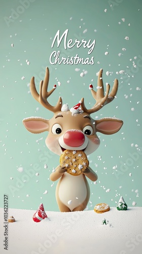 Vertical format, A cheerful reindeer holding a cookie celebrates Christmas in a snowy winter wonderland background with festive decorations