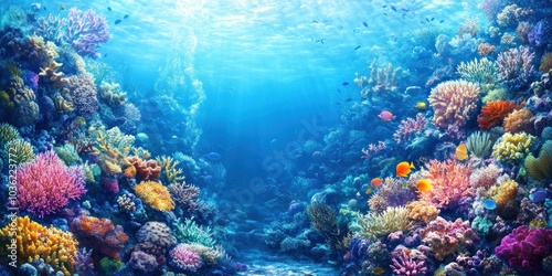 Vibrant coral reef with colorful fish and sunlight.