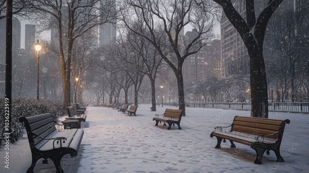 A snowy city park path with benches and trees on either side. The path is covered in fresh snow, and the trees are bare. A snowy city park path with benches and trees on either side. The path is covered in fresh snow, and the trees are bare.