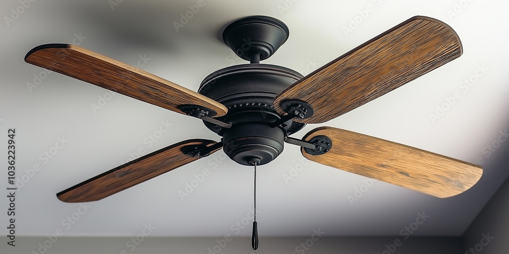 Modern ceiling fan hanging from white ceiling with wooden blades Modern ceiling fan hanging from white ceiling with wooden blades
