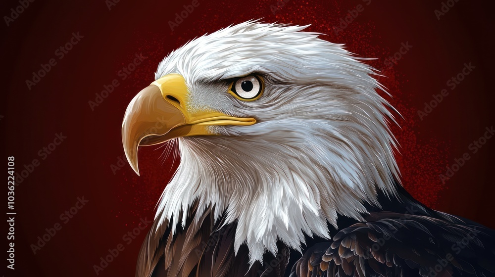 Fototapeta premium Close-up portrait of a majestic bald eagle with sharp eyes and a powerful beak, set against a dark red background.