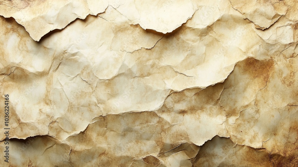 Fototapeta premium A piece of aged, crumpled parchment paper features distinct wrinkles and warm tones, creating a vintage backdrop suitable for various creative projects, from art to design.