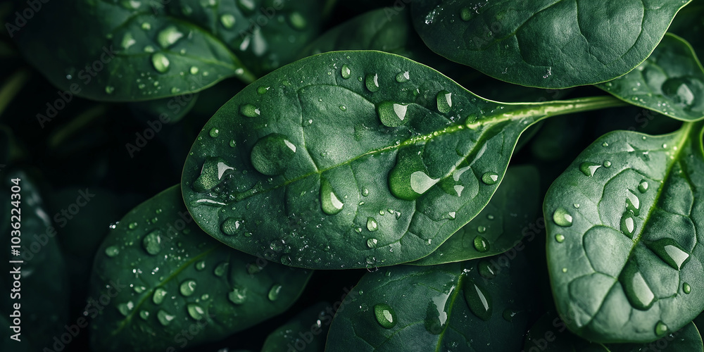 Obraz premium Fresh spinach leaves showing texture and water droplets