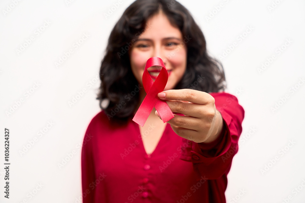 Young Latin woman smiling, holding red World AIDS Day ribbon Young Latin woman smiling, holding red World AIDS Day ribbon
