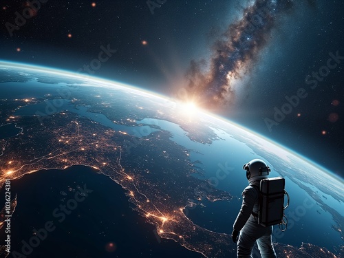 Astronaut Gazing at Earth from Space – Cosmic Exploration Stock Illustration