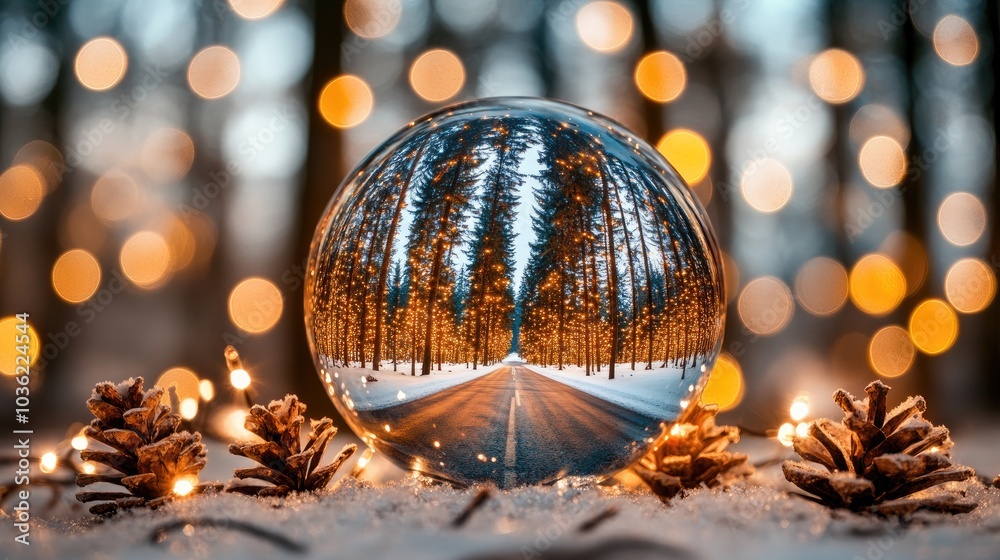 Obraz premium The crystal ball captures a tranquil winter scene with a snow-covered road and tall trees, evoking a festive and magical atmosphere