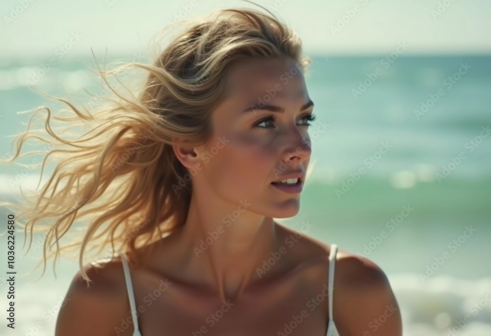 Blonde woman stands by ocean or sea, enjoying sun and surf while wearing a stylish swimsuit, highlighting relaxed beach atmosphere. Beautiful young face. Advertisement for clothes or beach travel. AI Blonde woman stands by ocean or sea, enjoying sun and surf while wearing a stylish swimsuit, highlighting relaxed beach atmosphere. Beautiful young face. Advertisement for clothes or beach travel. AI