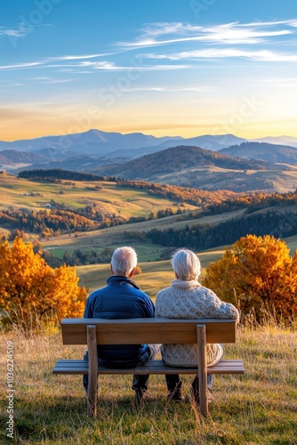 Wallpaper Mural A peaceful autumn scene featuring an older couple sitting on a bench, enjoying a stunning landscape of rolling hills and vibrant foliage, capturing the essence of tranquility in nature. Torontodigital.ca