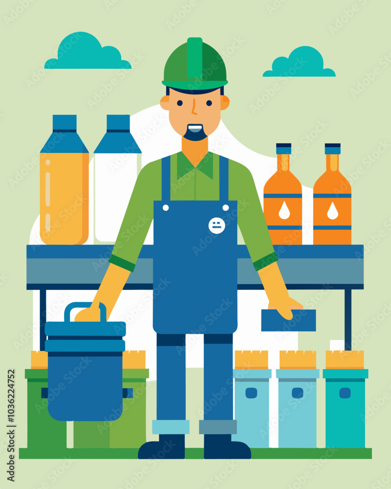 Obraz premium An assembly line worker at a zerowaste factory manufacturing reusable containers and products.. Vector illustration