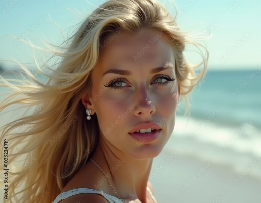 Blonde woman stands by ocean or sea, enjoying sun and surf while wearing a stylish swimsuit, highlighting relaxed beach atmosphere. Beautiful young face. Advertisement for clothes or beach travel. AI Blonde woman stands by ocean or sea, enjoying sun and surf while wearing a stylish swimsuit, highlighting relaxed beach atmosphere. Beautiful young face. Advertisement for clothes or beach travel. AI