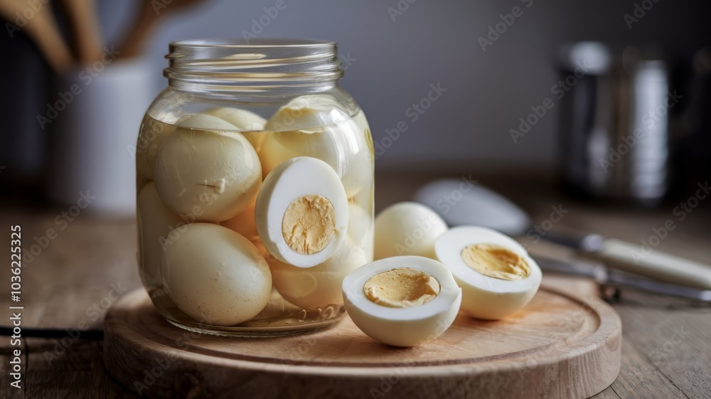 Pickled eggs in a jar with one egg sliced open on display Pickled eggs in a jar with one egg sliced open on display