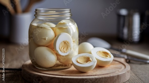 Pickled eggs in a jar with one egg sliced open on display