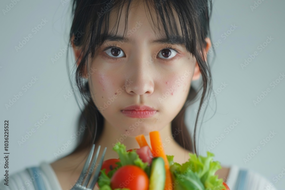 Asian woman on a diet, grimacing at vegetables on her fork, white background Asian woman on a diet, grimacing at vegetables on her fork, white background