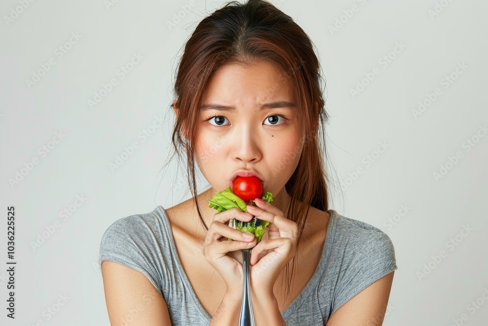 Asian woman on a diet, grimacing at vegetables on her fork, white background Asian woman on a diet, grimacing at vegetables on her fork, white background