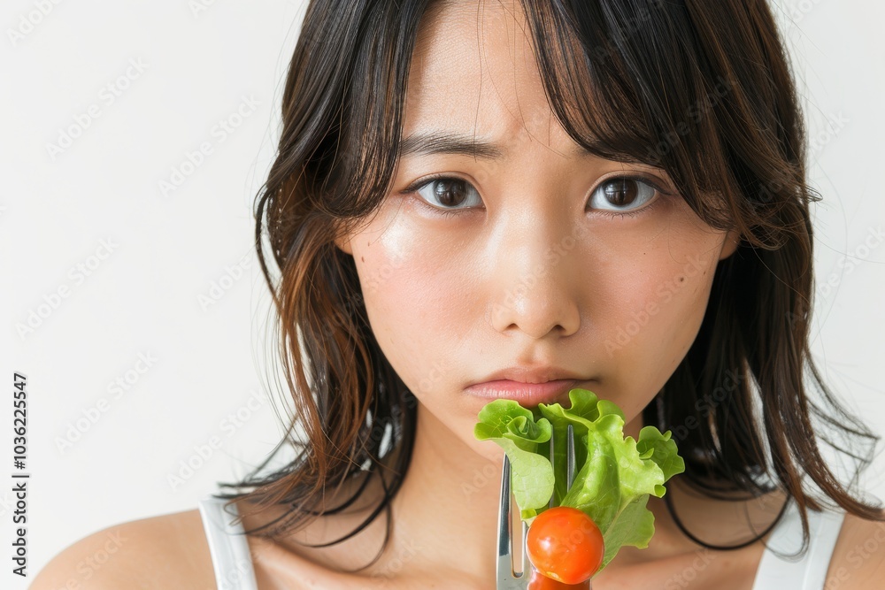 Asian woman on a diet, grimacing at vegetables on her fork, white background Asian woman on a diet, grimacing at vegetables on her fork, white background