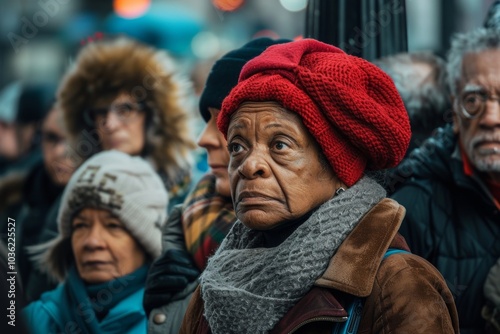 Unidentified old woman in red knitted hat on the street.