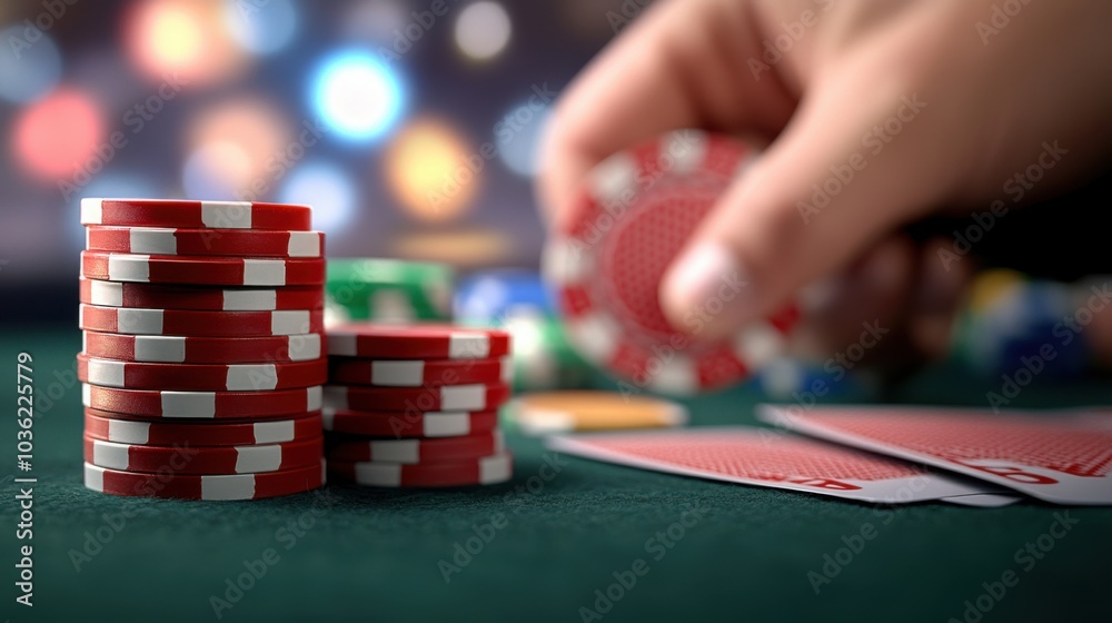Close-up of poker chips and playing cards on a green felt table. Close-up of poker chips and playing cards on a green felt table.