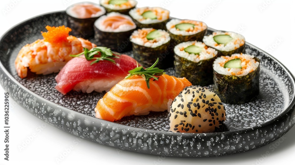 Close-up of assorted sushi including nigiri and maki on a modern black plate, isolated on a clean white backdrop Close-up of assorted sushi including nigiri and maki on a modern black plate, isolated on a clean white backdrop