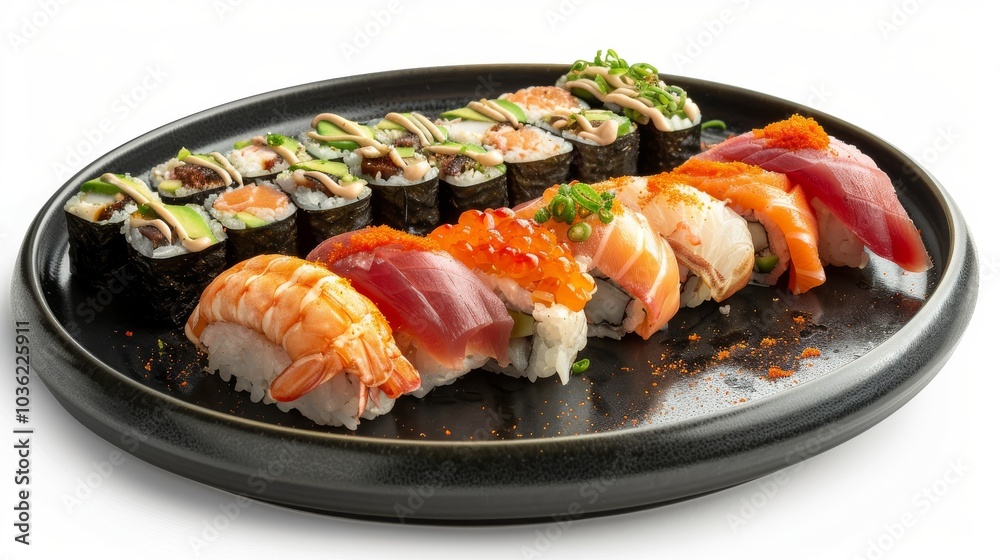 Close-up of assorted sushi including nigiri and maki on a modern black plate, isolated on a clean white backdrop Close-up of assorted sushi including nigiri and maki on a modern black plate, isolated on a clean white backdrop