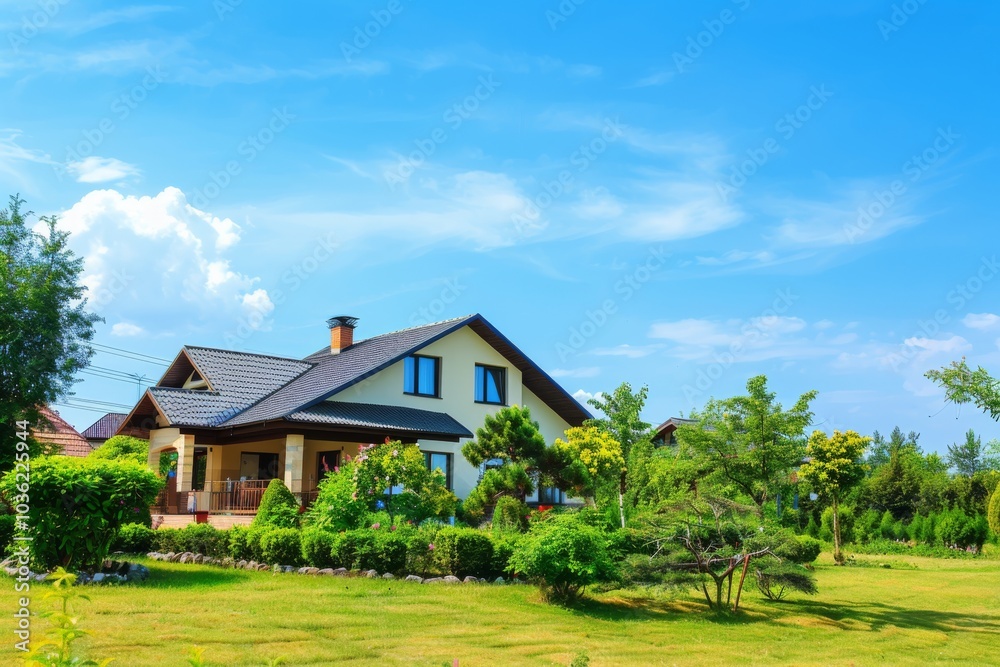 A modern house with a gable roof sits amidst a lush, well-manicured garden under a clear blue sky. Concept of suburban living and tranquility. For real estate listings. A modern house with a gable roof sits amidst a lush, well-manicured garden under a clear blue sky. Concept of suburban living and tranquility. For real estate listings.