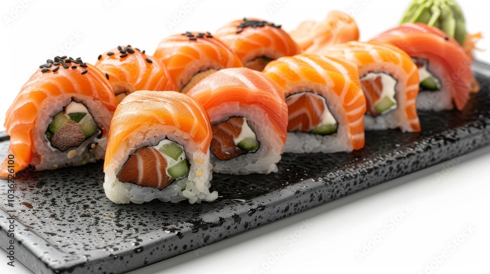 Close-up of assorted sushi including nigiri and maki on a modern black plate, isolated on a clean white backdrop Close-up of assorted sushi including nigiri and maki on a modern black plate, isolated on a clean white backdrop