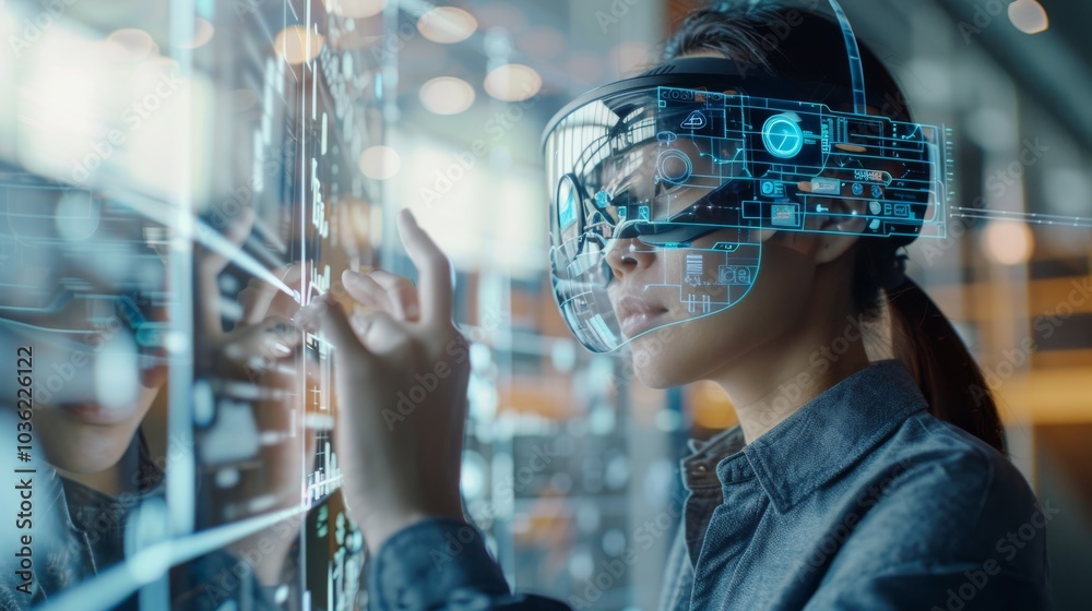 Fototapeta premium Professional interacting with a futuristic AR interface in an office, headset-equipped, for marketing management