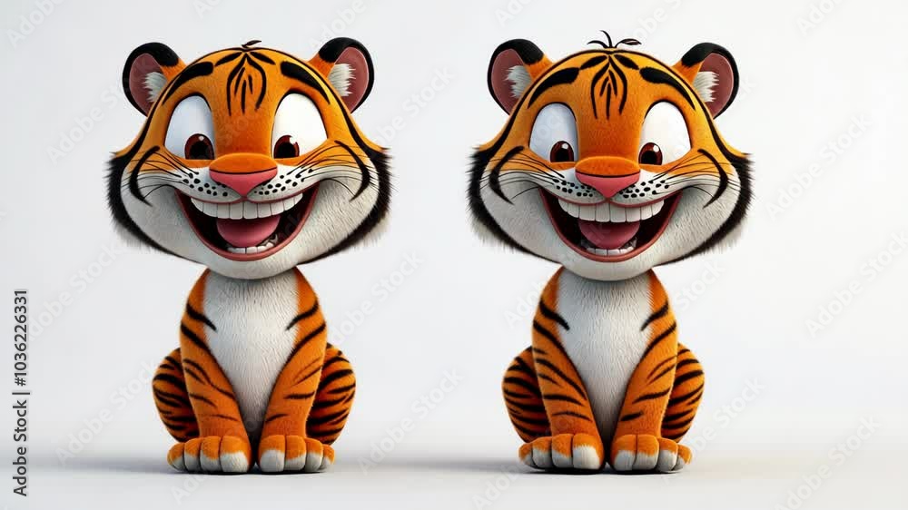Two cartoon tigers sit side-by-side, grinning widely with their tongues sticking out Two cartoon tigers sit side-by-side, grinning widely with their tongues sticking out