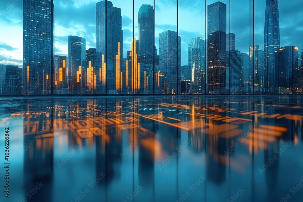 Modern city skyline at dusk reflecting lights on a polished floor with large glass windows showcasing urban architecture Modern city skyline at dusk reflecting lights on a polished floor with large glass windows showcasing urban architecture