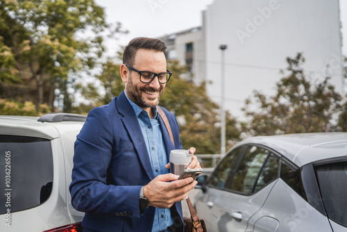 Foto Adult businessman stand in the parking lot and use mobile phone