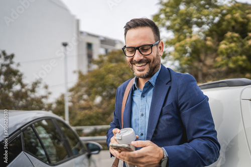 Photography Adult businessman stand in the parking lot and use mobile phone