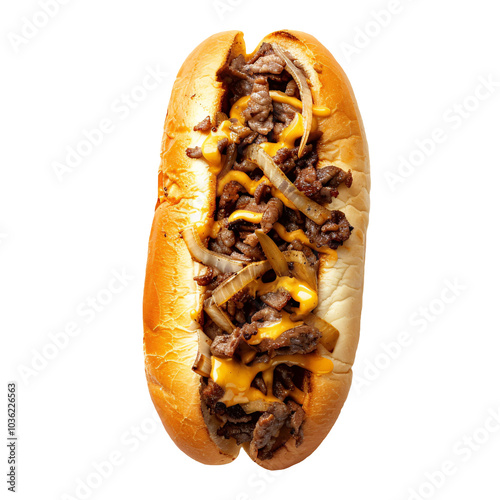 Philly Cheesesteak Sandwich on Transparent Background Overhead Shot