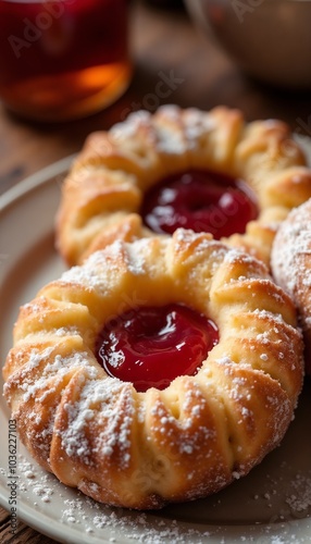 Close-up of sufganiyot filled with jam, dusted with powdered sugar in inviting festive setting photo