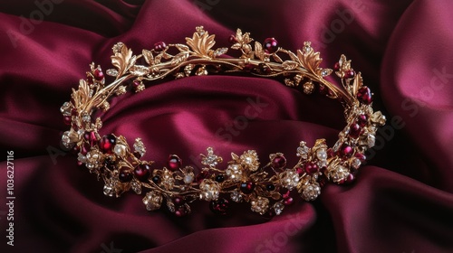 Elegant Floral Crown on Rich Burgundy Fabric