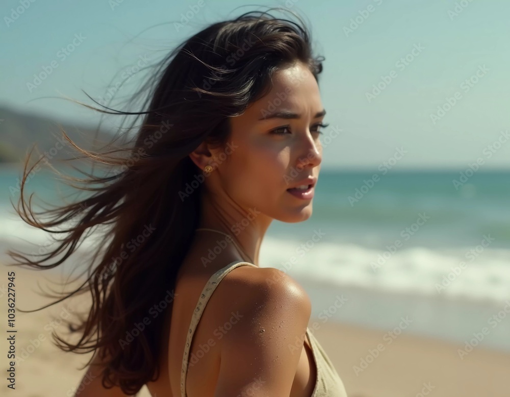 A brunette woman in a swimsuit gazes back while standing near the shoreline. Gentle sea waves lap at her feet under a clear blue sky. Long hair, beautiful young face. Travel and clothing adverts. AI A brunette woman in a swimsuit gazes back while standing near the shoreline. Gentle sea waves lap at her feet under a clear blue sky. Long hair, beautiful young face. Travel and clothing adverts. AI