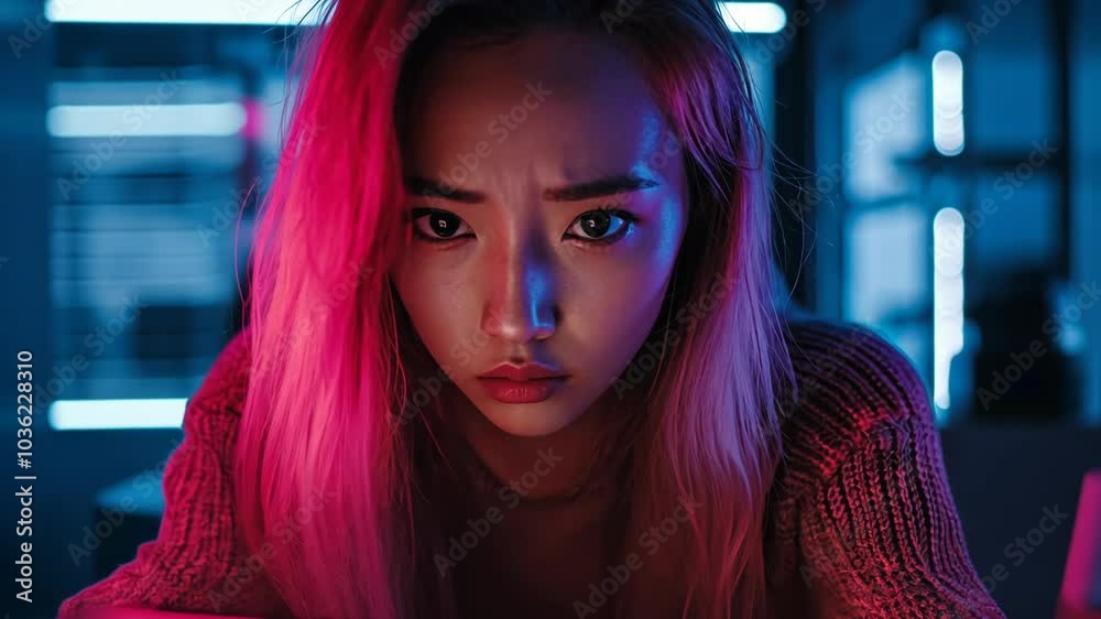 A young woman with pink hair stares intensely at the camera in a dimly lit room A young woman with pink hair stares intensely at the camera in a dimly lit room