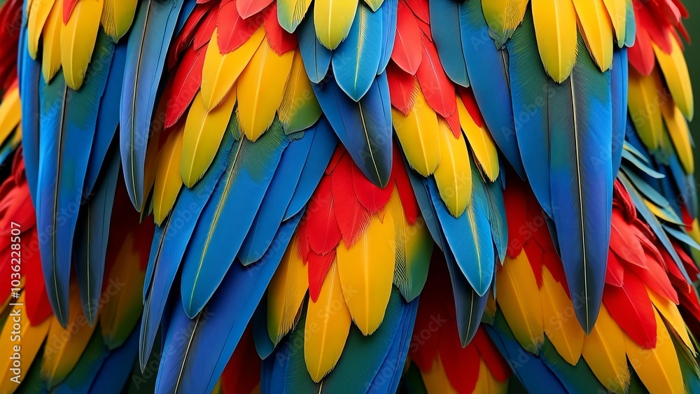 Obraz premium Close-Up of Colorful Parrot Feathers - Vibrant Bird Feather Texture Photography