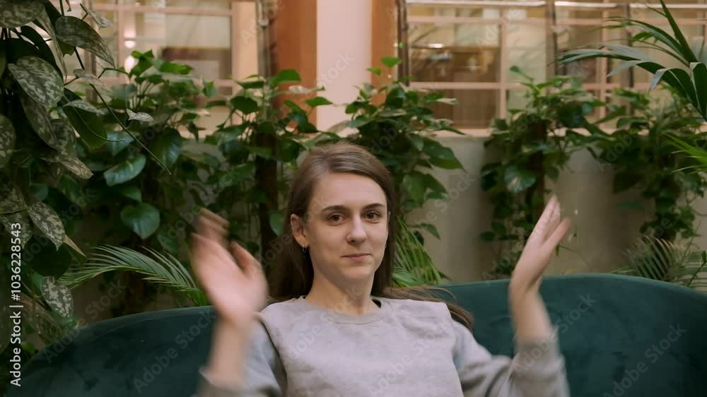 Young girl in gray sweater and with brown long hair waving her arms and smiling while sitting on sofa surrounded by green plants in the background around her Young girl in gray sweater and with brown long hair waving her arms and smiling while sitting on sofa surrounded by green plants in the background around her