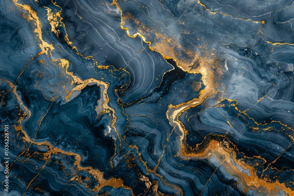 Fototapeta premium Photo of Navy blue dark marble pattern with golden veins. Background texture for backdrops or mapping