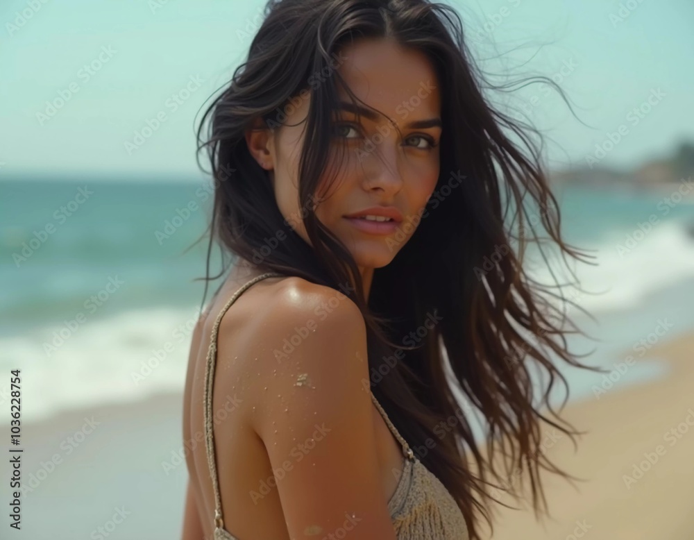 A brunette woman in a swimsuit gazes back while standing near the shoreline. Gentle sea waves lap at her feet under a clear blue sky. Long hair, beautiful young face. Travel and clothing adverts. AI A brunette woman in a swimsuit gazes back while standing near the shoreline. Gentle sea waves lap at her feet under a clear blue sky. Long hair, beautiful young face. Travel and clothing adverts. AI